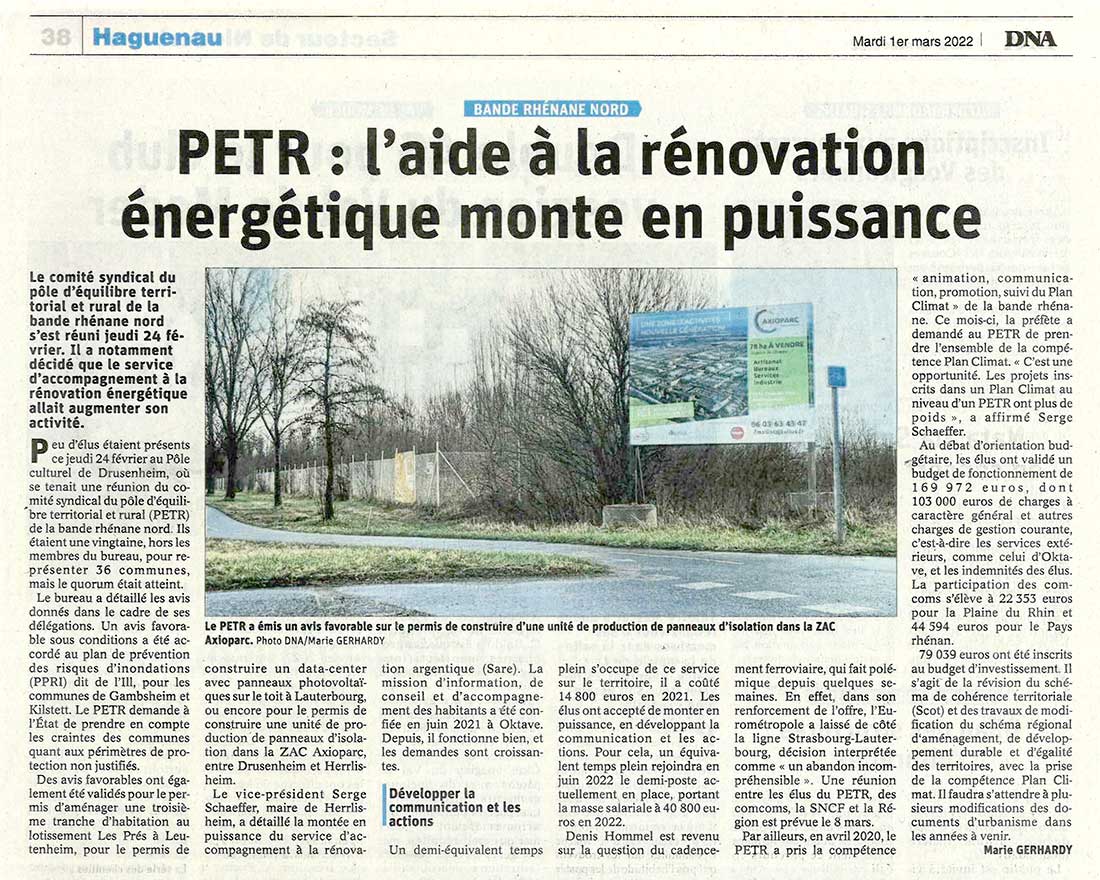 DNA 01/03/22 Environnement : plan climat air-energie pour la Bande rhénane