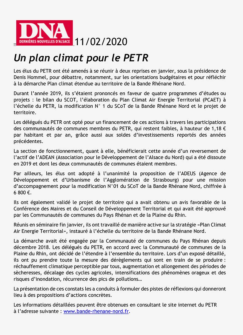 DNA 11/02/2020 Un plan climat pour le PETR