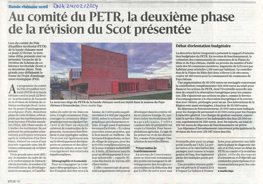 DNA 24/02/2024 Au comité du PETR, la deuxième phase de la révision du SCoT présentée